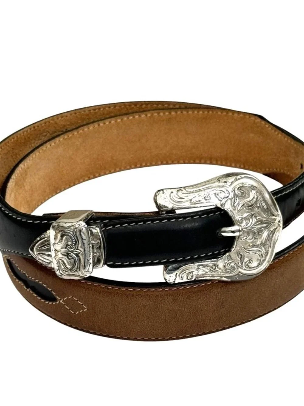 Justin Men's Western Belt Black Brown Leather Silver Toned Buckle Size 34